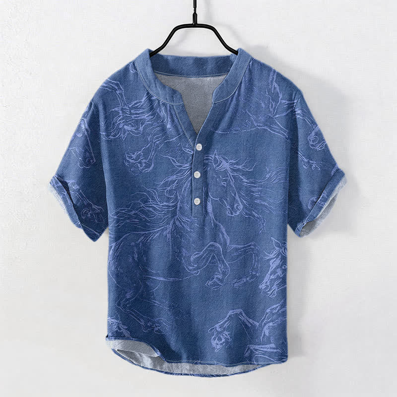Buddha Stones Cotton Running Horse Line Pattern Men's Short Sleeve Half Button Shirt - SteelBlue - US/UK/AU50，EU60 (5XL) - image 5