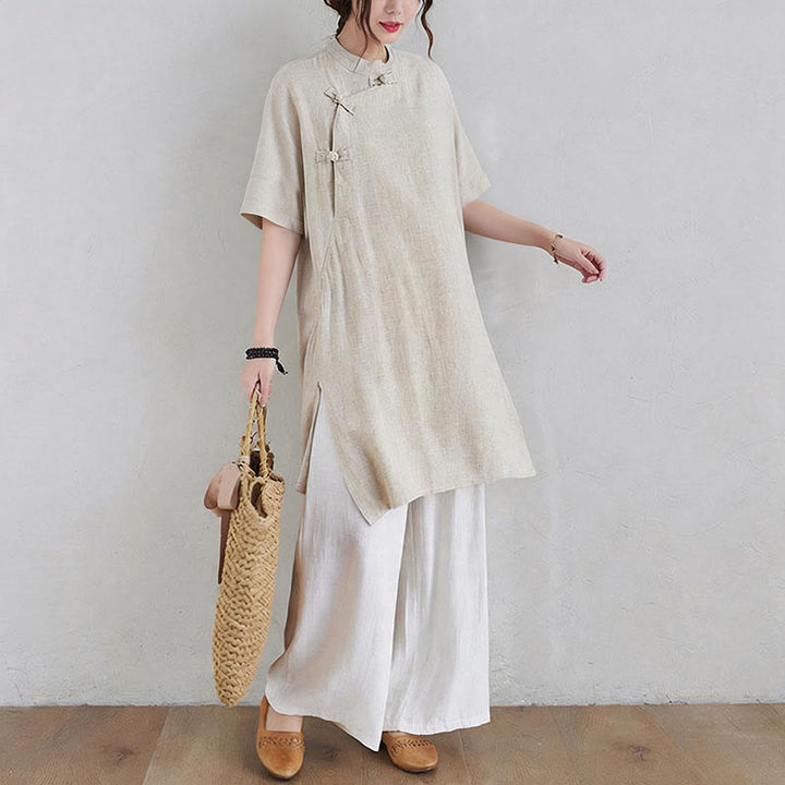 Buddha Stones 2Pcs Plain Design Zen Tai Chi Meditation Clothing Cotton Linen Top Pants Women's Set - image 6