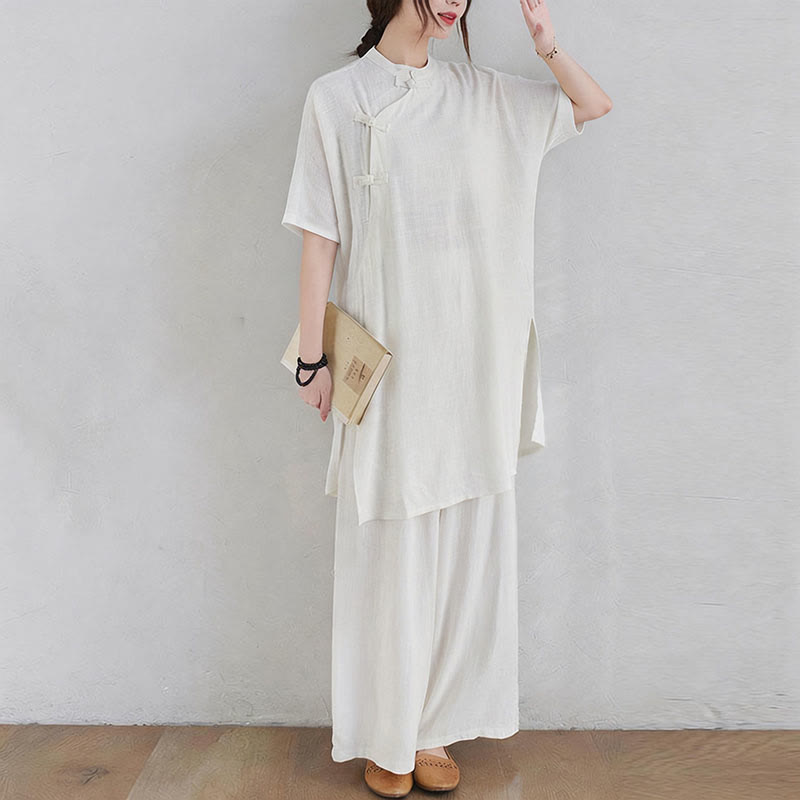 Buddha Stones 2Pcs Plain Design Zen Tai Chi Meditation Clothing Cotton Linen Top Pants Women's Set - image 17