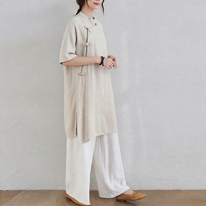 Buddha Stones 2Pcs Plain Design Zen Tai Chi Meditation Clothing Cotton Linen Top Pants Women's Set - image 7