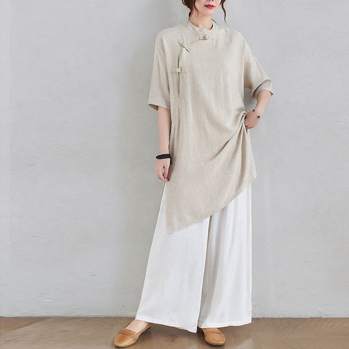Buddha Stones 2Pcs Plain Design Zen Tai Chi Meditation Clothing Cotton Linen Top Pants Women's Set - Beige Top&White Pants - US12，UK/AU16，EU44 (2XL) - image 0