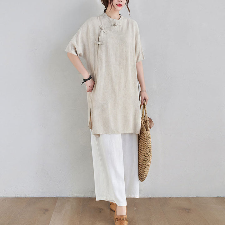 Buddha Stones 2Pcs Plain Design Zen Tai Chi Meditation Clothing Cotton Linen Top Pants Women's Set - image 5