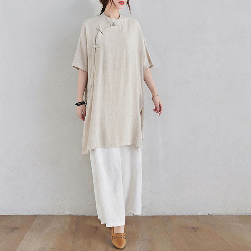 Buddha Stones 2Pcs Plain Design Zen Tai Chi Meditation Clothing Cotton Linen Top Pants Women's Set - image 2