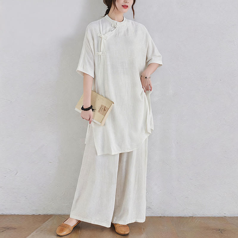 Buddha Stones 2Pcs Plain Design Zen Tai Chi Meditation Clothing Cotton Linen Top Pants Women's Set - White(Top&Pants) - US12，UK/AU16，EU44 (2XL) - image 13