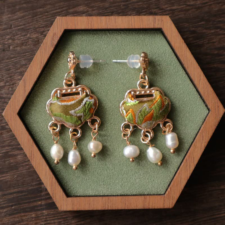 Buddha Stones Song Brocade Handcrafted Silk Art Peace Lock Pearl Protection Drop Earrings - image 1