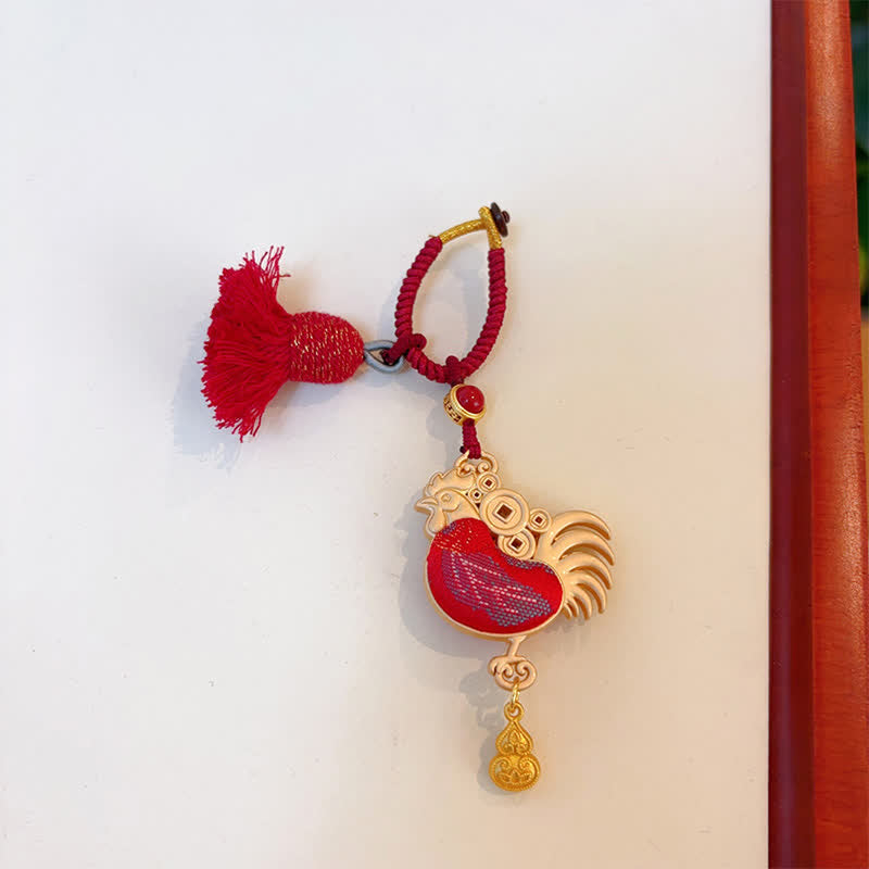 Buddha Stones Song Brocade Handmade Chinese Zodiac Tassel Lucky Keychain - Rooster - Red - image 33