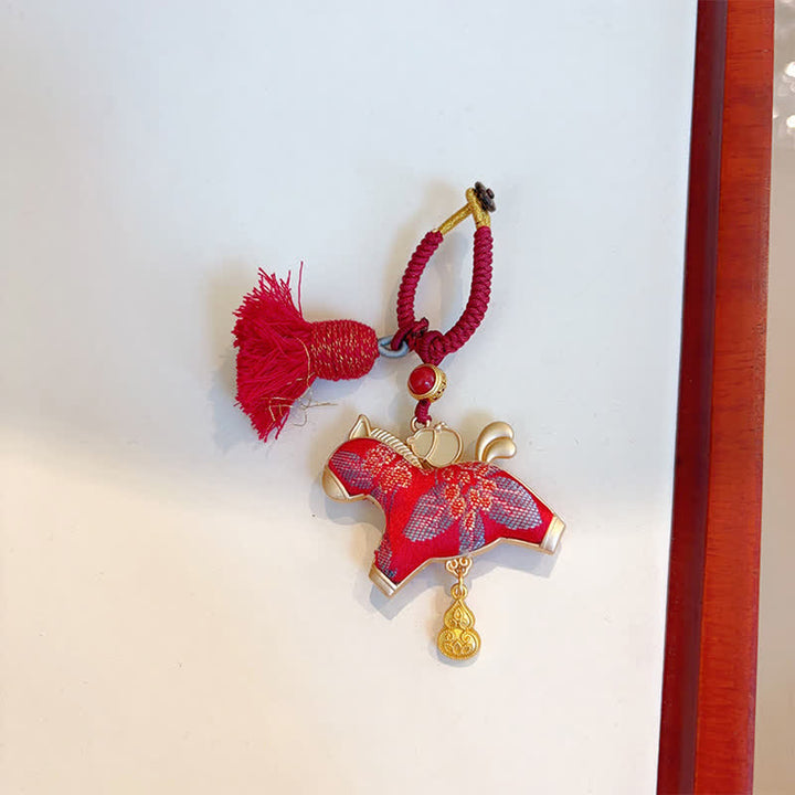 Buddha Stones Song Brocade Handmade Chinese Zodiac Tassel Lucky Keychain - Horse - Red - image 29