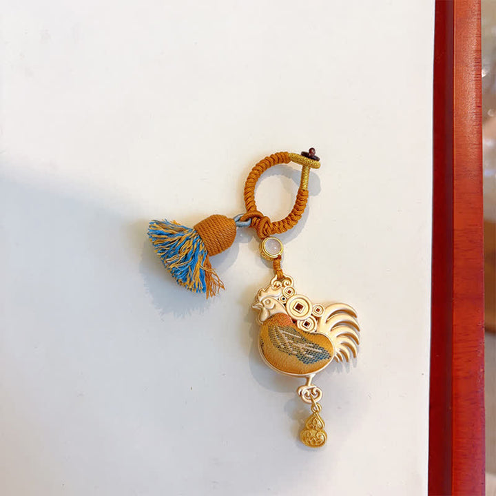 Buddha Stones Song Brocade Handmade Chinese Zodiac Tassel Lucky Keychain - Rooster - Yellow - image 34