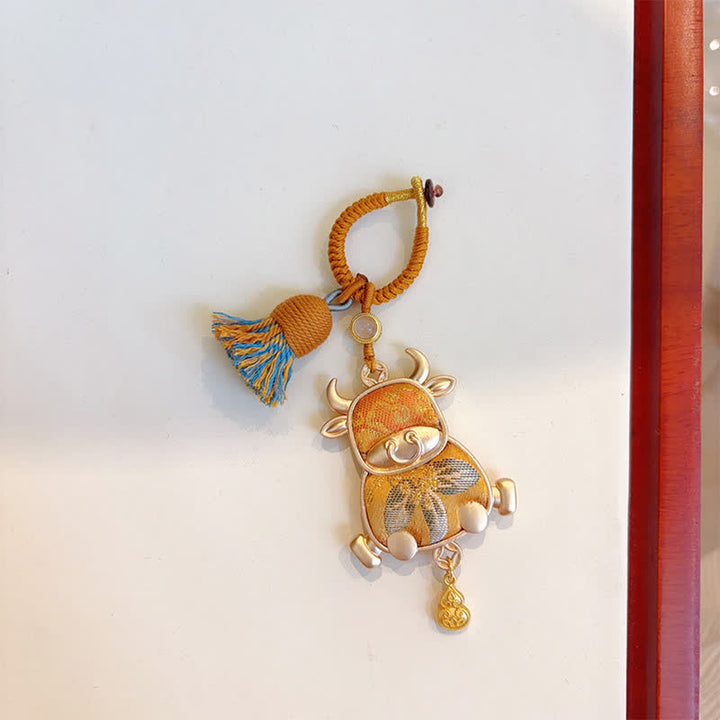 Buddha Stones Song Brocade Handmade Chinese Zodiac Tassel Lucky Keychain - Ox - Yellow - image 20