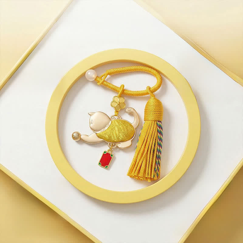 Buddha Stones Song Brocade Lucky Beckoning Cat Tassel Gift Box Keychain - Gold - Song Brocade (Prosperity♥Harmony) - image 0