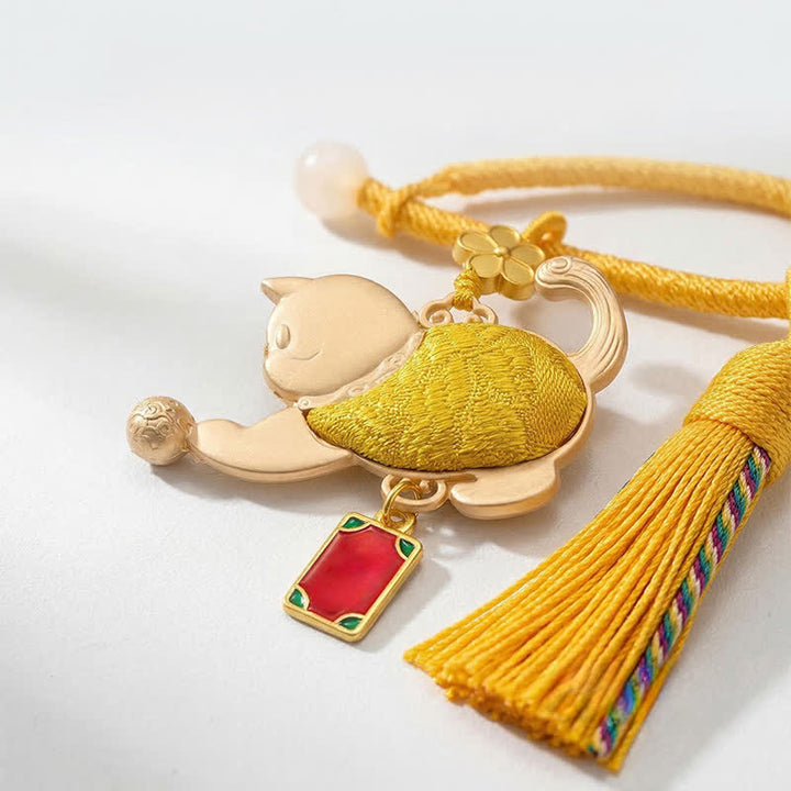 Buddha Stones Song Brocade Lucky Beckoning Cat Tassel Gift Box Keychain - image 2