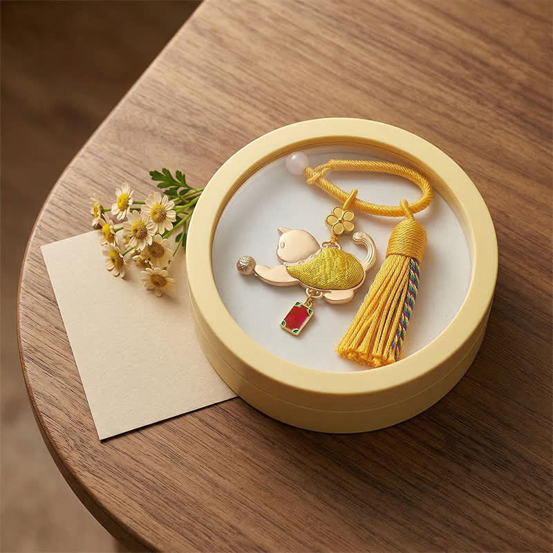 Buddha Stones Song Brocade Lucky Beckoning Cat Tassel Gift Box Keychain - image 1