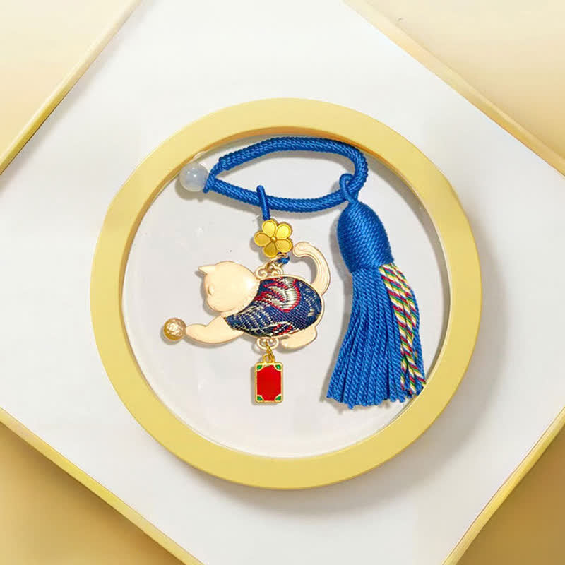 Buddha Stones Song Brocade Lucky Beckoning Cat Tassel Gift Box Keychain - Blue - Song Brocade (Prosperity♥Harmony) - image 6