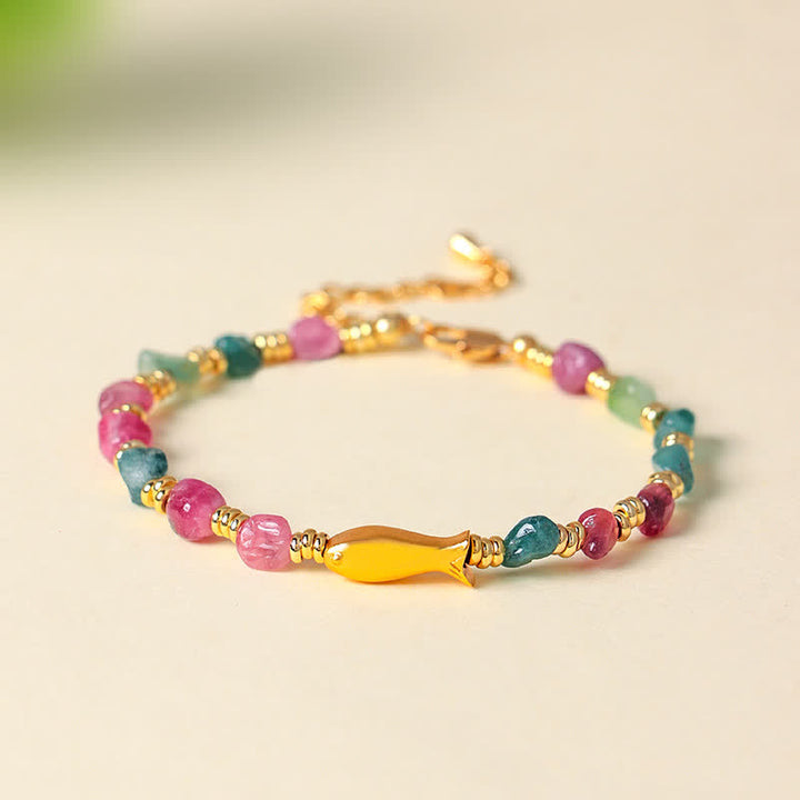 Buddha Stones Rainbow Tourmaline Koi Fish Positive Rough Cut Bracelet - image 4