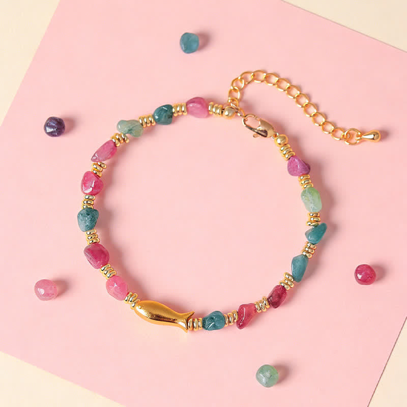 Buddha Stones Rainbow Tourmaline Koi Fish Positive Rough Cut Bracelet - image 1