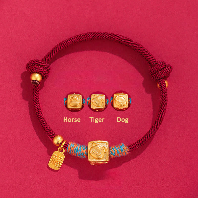 Buddha Stones Handmade Red String Chinese Zodiac Luck Fu Charm Bracelet - 999 Silver Horse Tiger Dog Three Harmonies Red Bracelet - Silver(Blessing♥Calm) - image 1