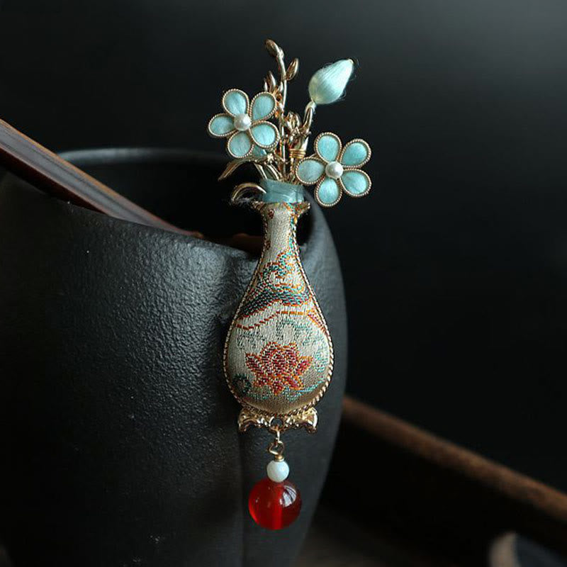 Buddha Stones Song Brocade Flower Vase Design Elegant Brooch - image 4