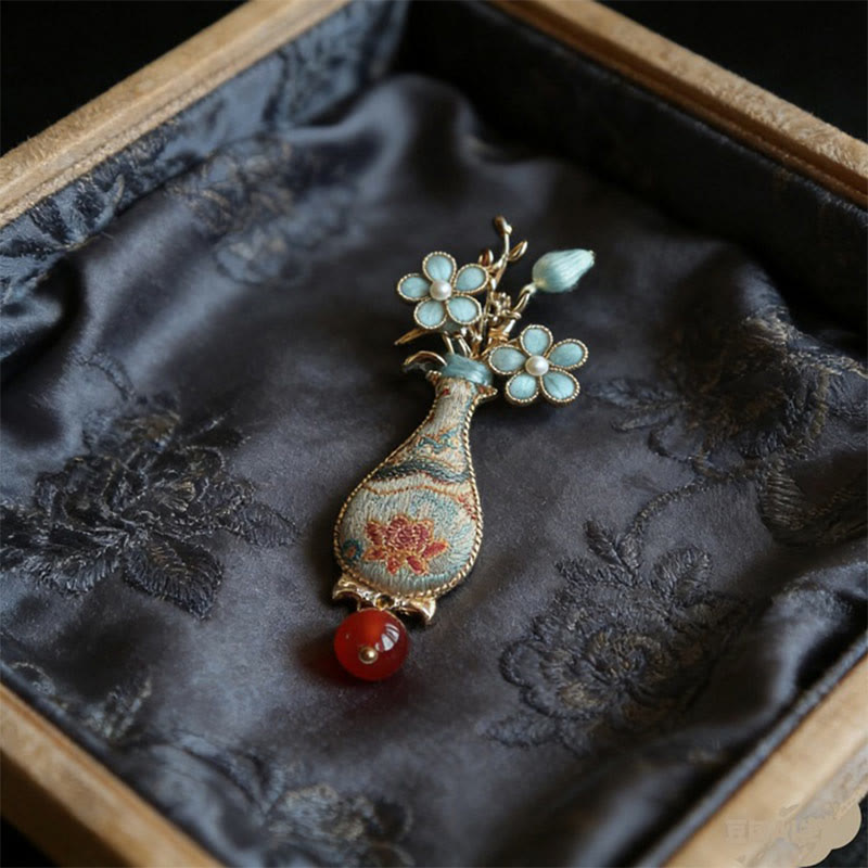 Buddha Stones Song Brocade Flower Vase Design Elegant Brooch - image 0