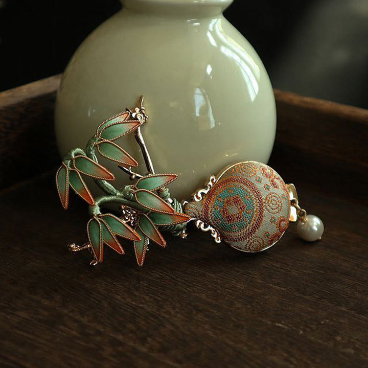 Buddha Stones Song Brocade Bamboo Leaves Vase Design Balance Brooch - image 2