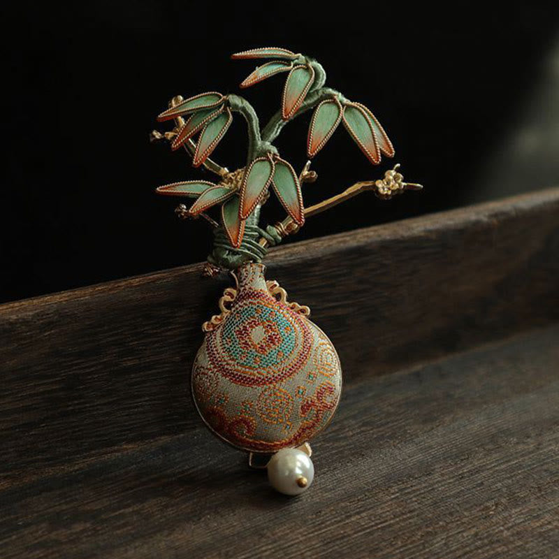 Buddha Stones Song Brocade Bamboo Leaves Vase Design Balance Brooch - image 3