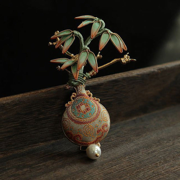 Buddha Stones Song Brocade Bamboo Leaves Vase Design Balance Brooch - image 3