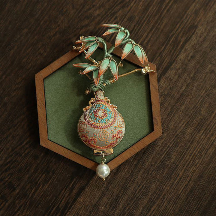 Buddha Stones Song Brocade Bamboo Leaves Vase Design Balance Brooch - image 0