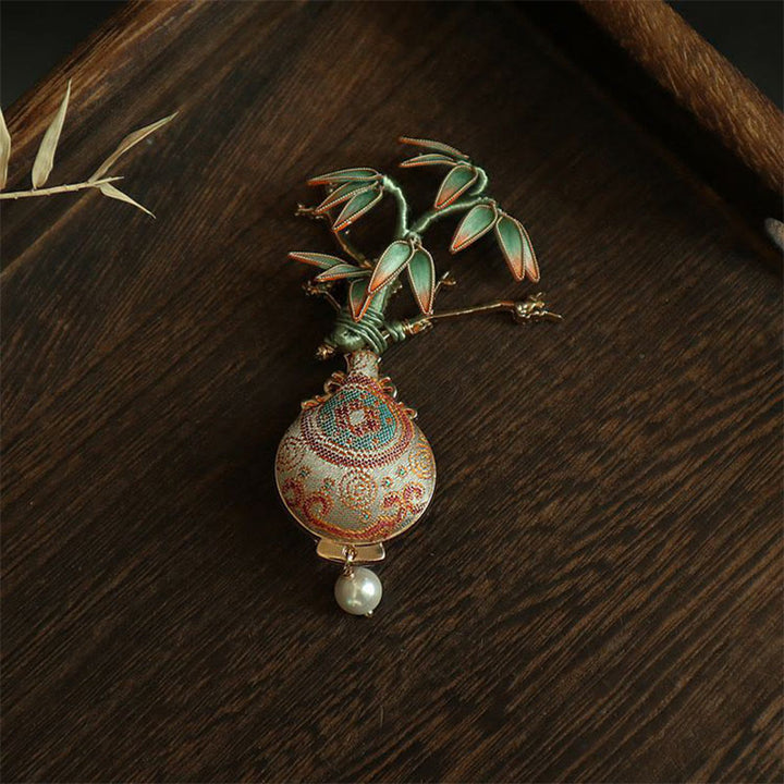 Buddha Stones Song Brocade Bamboo Leaves Vase Design Balance Brooch - image 8