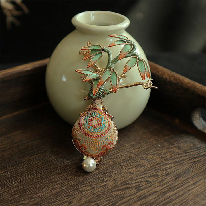 Buddha Stones Song Brocade Bamboo Leaves Vase Design Balance Brooch - image 5