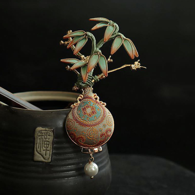 Buddha Stones Song Brocade Bamboo Leaves Vase Design Balance Brooch - image 6