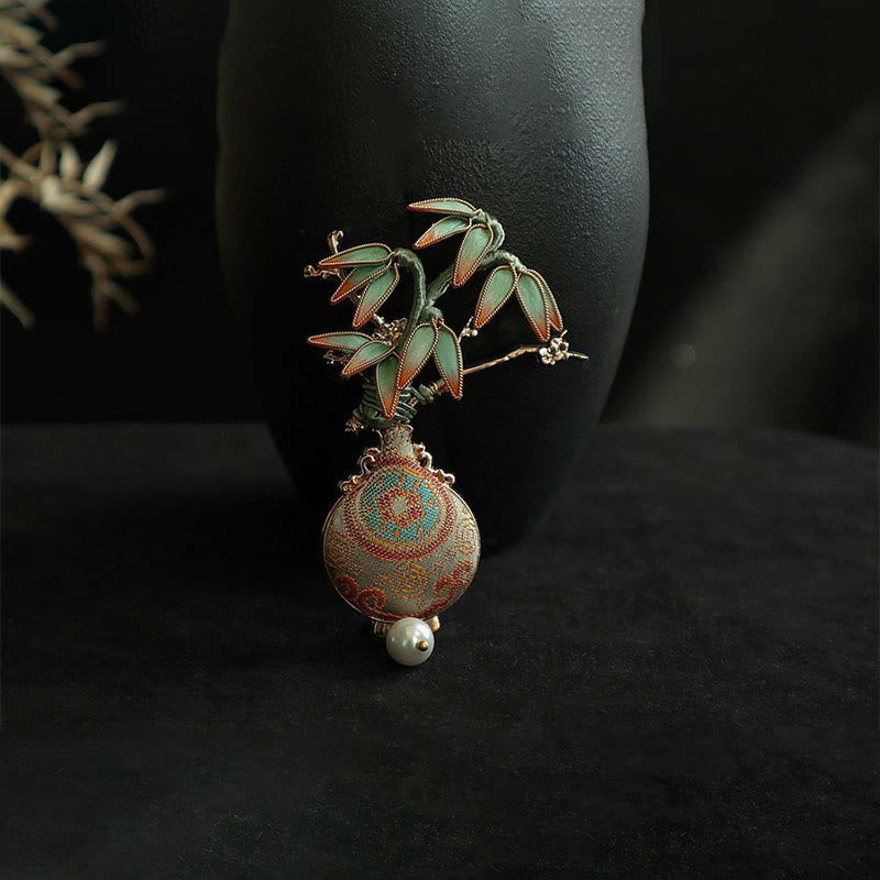 Buddha Stones Song Brocade Bamboo Leaves Vase Design Balance Brooch - image 7