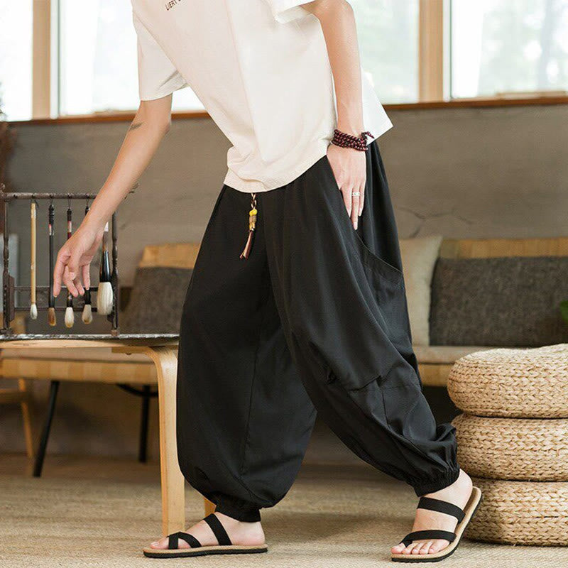 Buddha Stones Summer Casual Vintage Drawstring Solid Ankle Length Pants Men's Harem Pants With Pockets - Black - US/UK/AU46，EU56 (5XL) - image 0