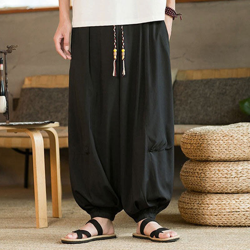 Buddha Stones Summer Casual Vintage Drawstring Solid Ankle Length Pants Men's Harem Pants With Pockets - image 1