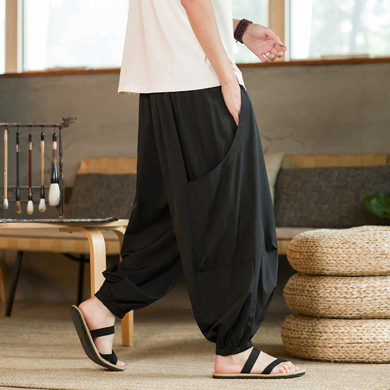 Buddha Stones Summer Casual Vintage Drawstring Solid Ankle Length Pants Men's Harem Pants With Pockets - image 2