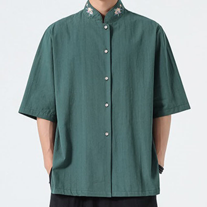 Buddha Stones Summer Tang Style Mandarin Collar Lotus Embroidery Solid Men's Shirts - image 1