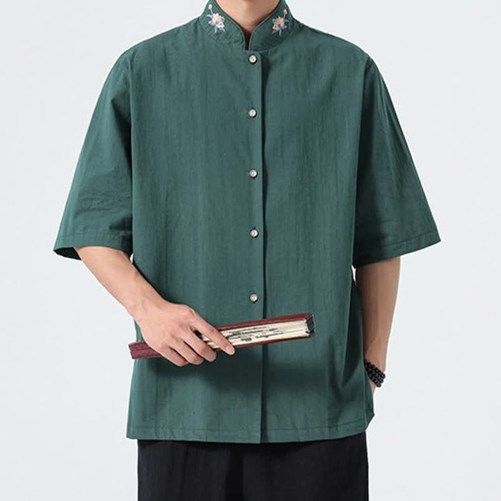 Buddha Stones Summer Tang Style Mandarin Collar Lotus Embroidery Solid Men's Shirts - image 5