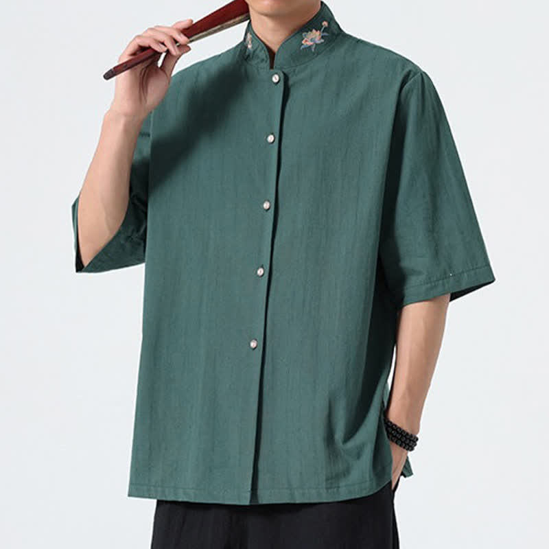 Buddha Stones Summer Tang Style Mandarin Collar Lotus Embroidery Solid Men's Shirts - image 7