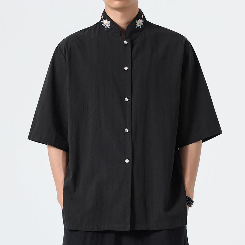 Buddha Stones Summer Tang Style Mandarin Collar Lotus Embroidery Solid Men's Shirts - Black - US/UK/AU46，EU56 (5XL) - image 8