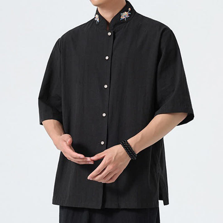 Buddha Stones Summer Tang Style Mandarin Collar Lotus Embroidery Solid Men's Shirts - image 13