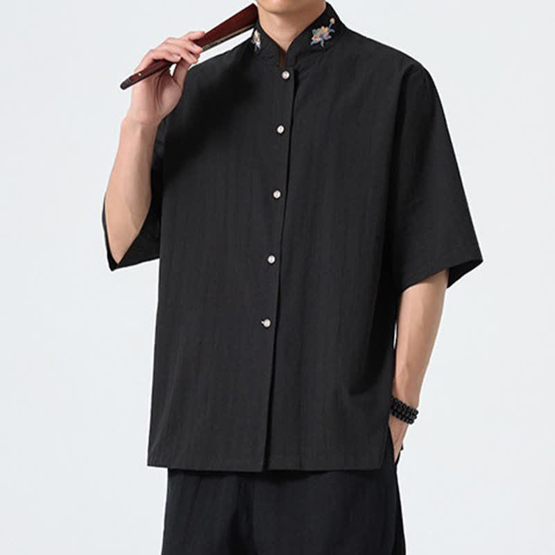 Buddha Stones Summer Tang Style Mandarin Collar Lotus Embroidery Solid Men's Shirts - image 15