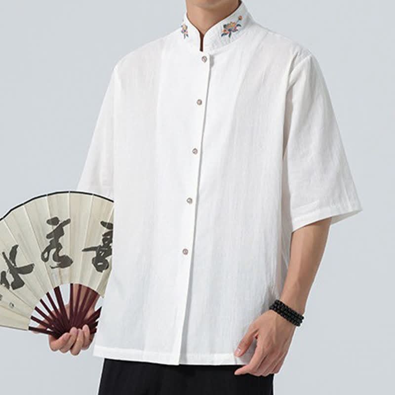 Buddha Stones Summer Tang Style Mandarin Collar Lotus Embroidery Solid Men's Shirts - image 21