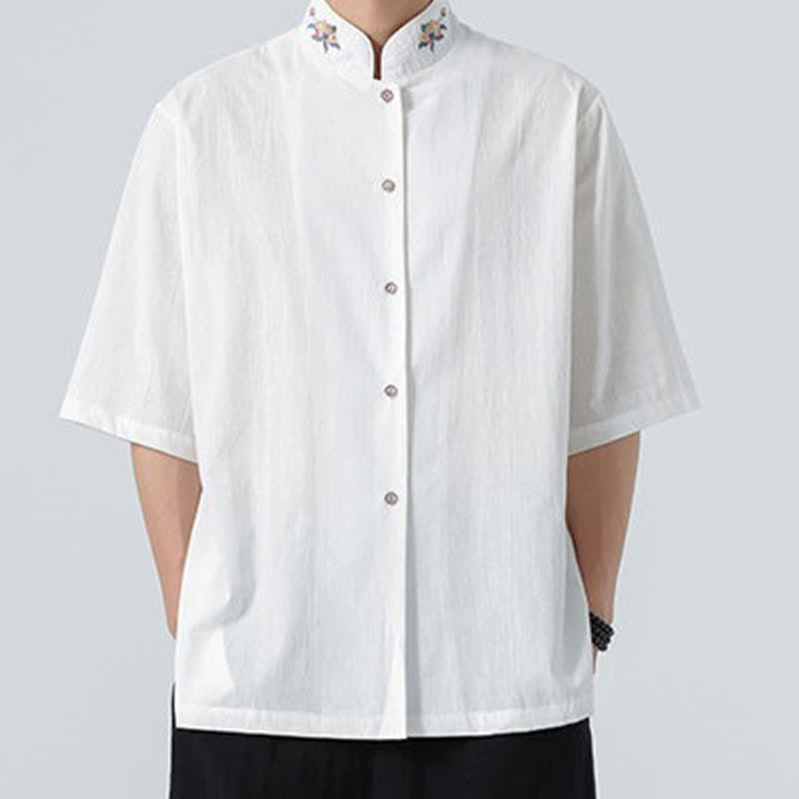 Buddha Stones Summer Tang Style Mandarin Collar Lotus Embroidery Solid Men's Shirts - image 18