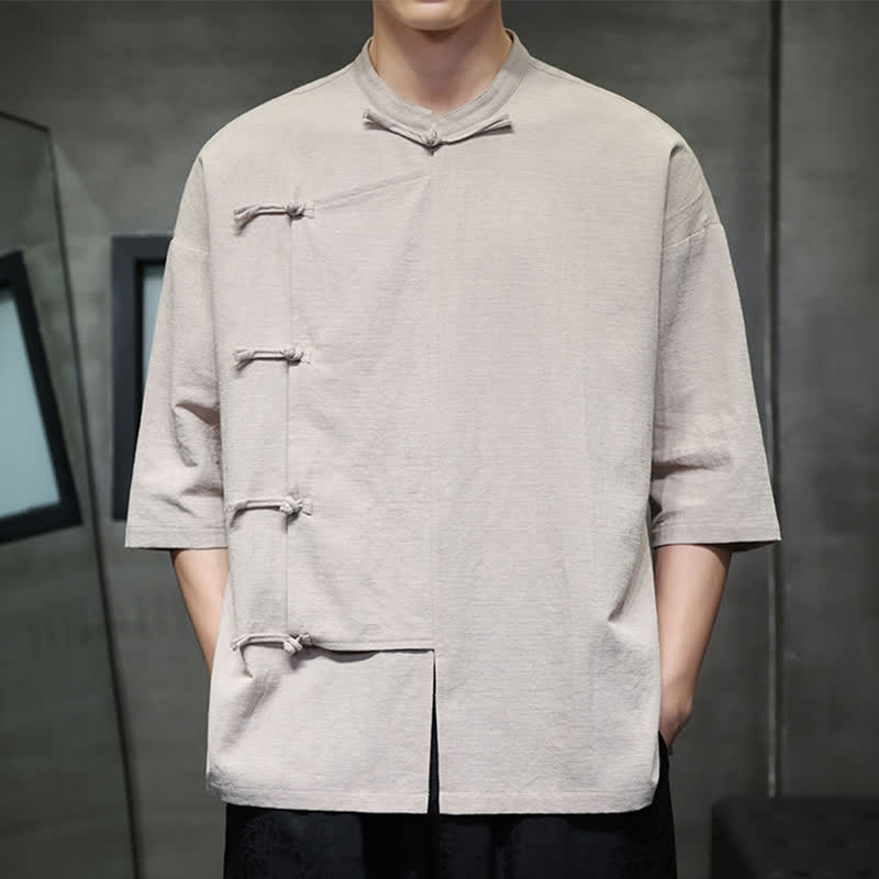 Buddha Stones Summer Tang Style Mandarin Collar Frog Button Solid Short Sleeve Men's Shirts - image 1
