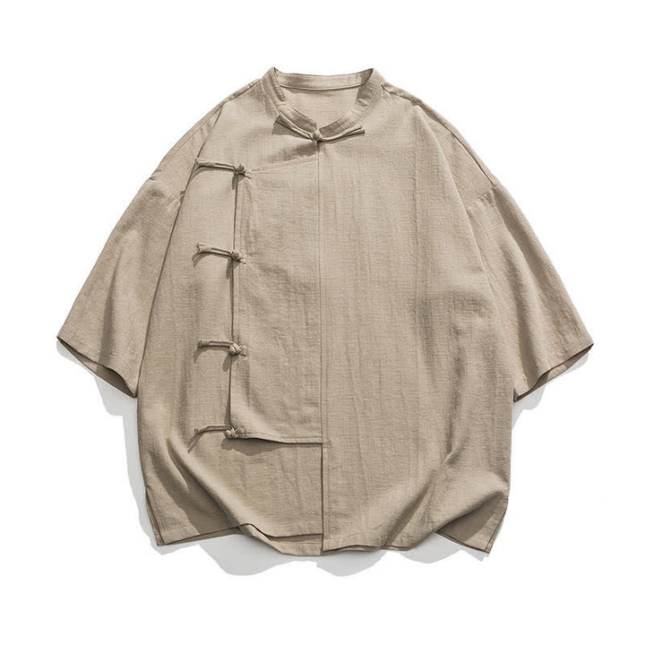 Buddha Stones Summer Tang Style Mandarin Collar Frog Button Solid Short Sleeve Men's Shirts - image 11