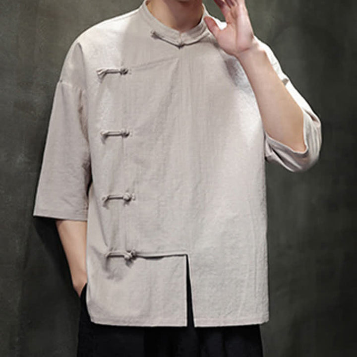 Buddha Stones Summer Tang Style Mandarin Collar Frog Button Solid Short Sleeve Men's Shirts - image 7