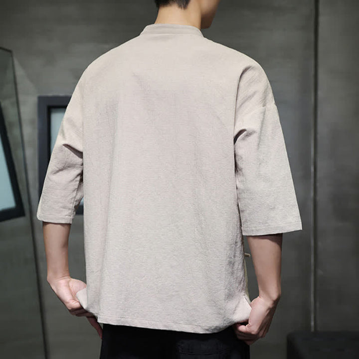 Buddha Stones Summer Tang Style Mandarin Collar Frog Button Solid Short Sleeve Men's Shirts - image 3