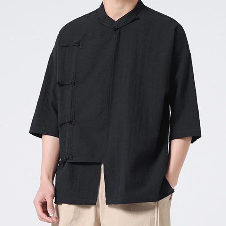 Buddha Stones Summer Tang Style Mandarin Collar Frog Button Solid Short Sleeve Men's Shirts - image 15