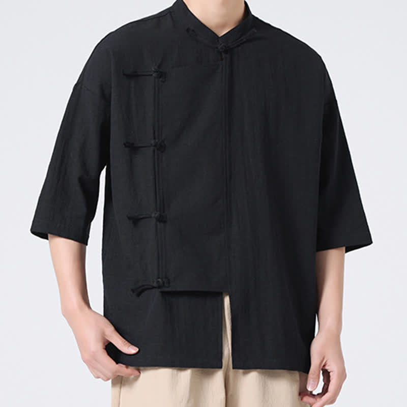 Buddha Stones Summer Tang Style Mandarin Collar Frog Button Solid Short Sleeve Men's Shirts - image 19