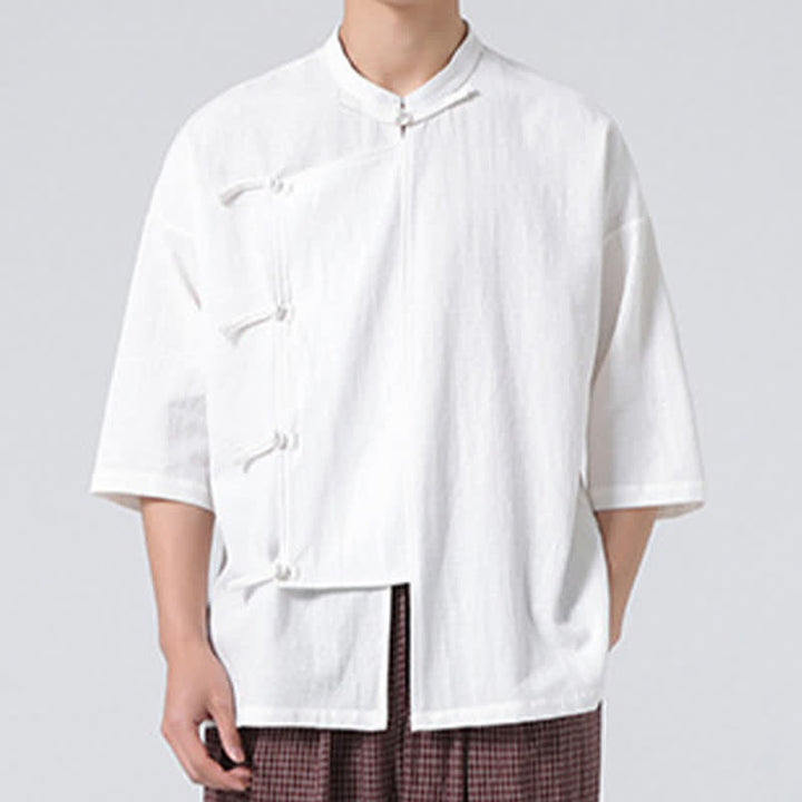 Buddha Stones Summer Tang Style Mandarin Collar Frog Button Solid Short Sleeve Men's Shirts - image 22