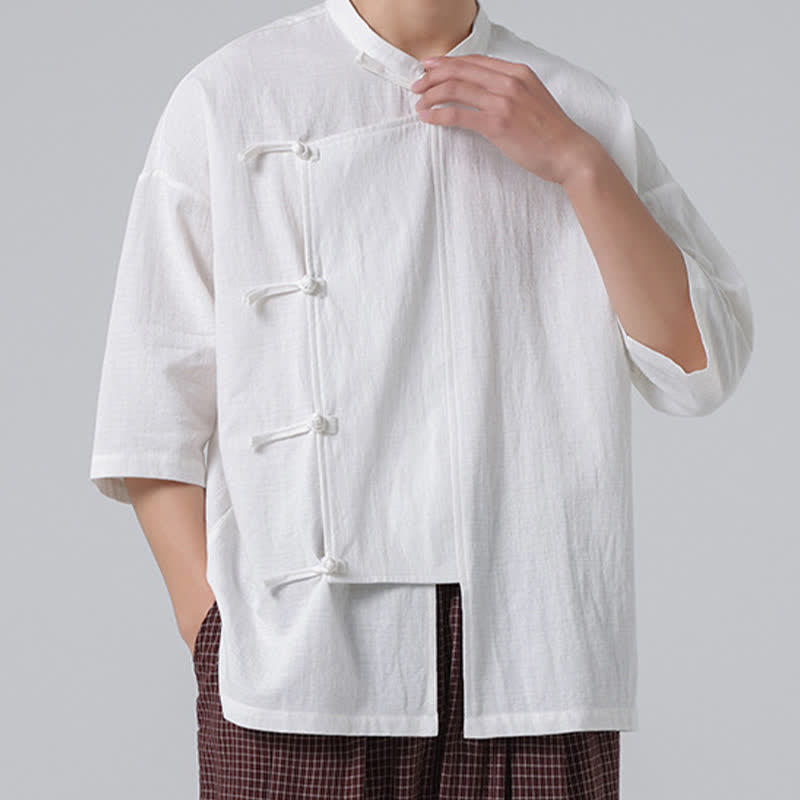 Buddha Stones Summer Tang Style Mandarin Collar Frog Button Solid Short Sleeve Men's Shirts - image 23