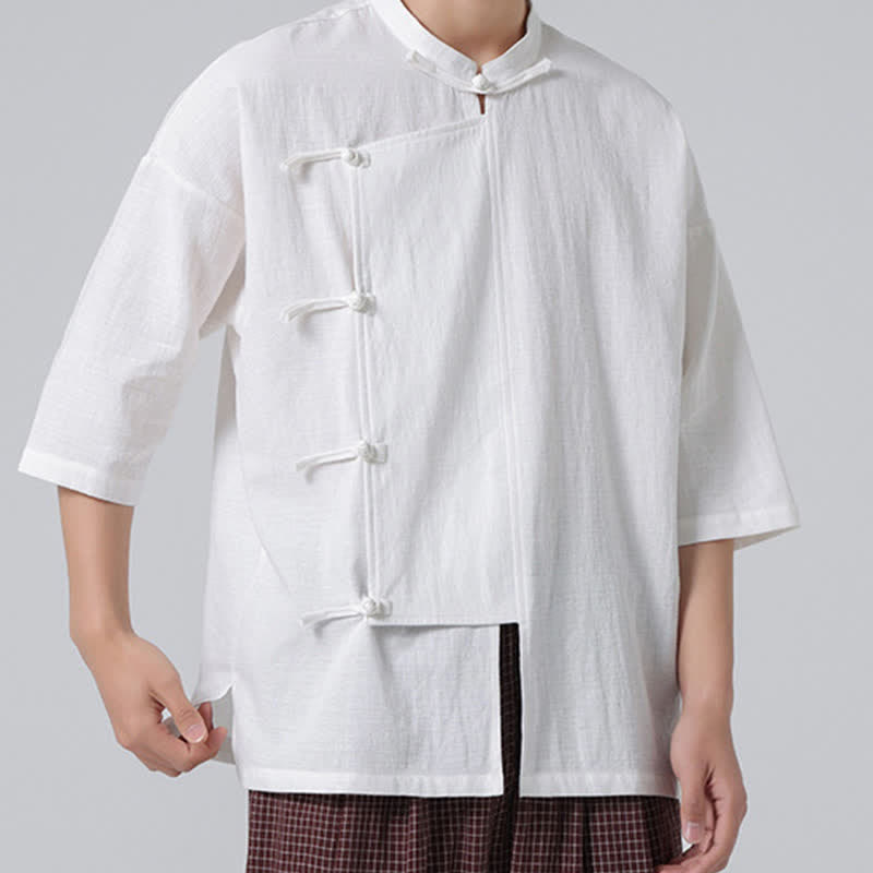 Buddha Stones Summer Tang Style Mandarin Collar Frog Button Solid Short Sleeve Men's Shirts - image 26